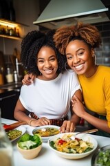 Two women enjoying a meal together in the kitchen