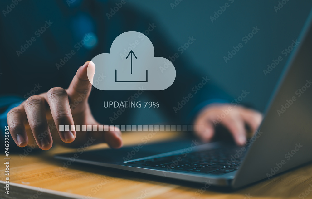 Aufkleber Cloud upload concept. uploading business information. Person use laptop with cloud upload bar on virtual screen.