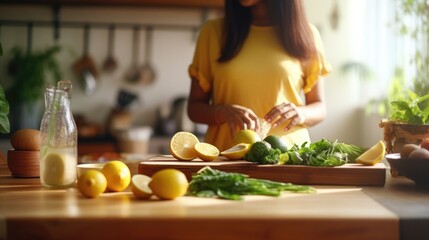 A woman is preparing fresh fruit and vegetables on a cutting board in a kitchen.. Fictional...