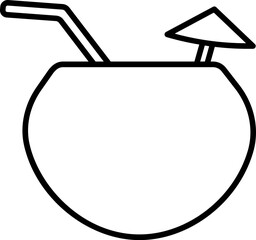 Black Outline Illustration of Straw in Coconut Drink Icon.