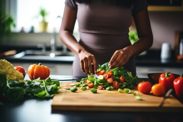 Obraz na płótnie Canvas A woman slicing fresh vegetables on a cutting board