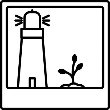 Lighthouse landscape view icon in black outline.