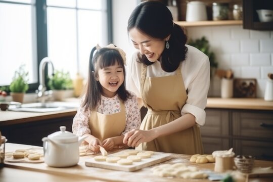 A mother and daughter cooking together in the kitchen