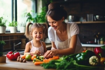 A young girl and an adult are preparing vegetables together in a kitchen.. Fictional Character Created By Generated By Generated AI.