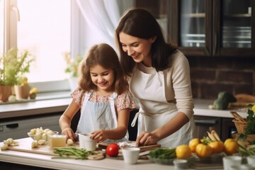 A mother and daughter cooking together in the kitchen. Fictional Character Created By Generated By Generated AI.