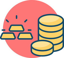 Yellow money coin and gold brick stack icon on red circle background.