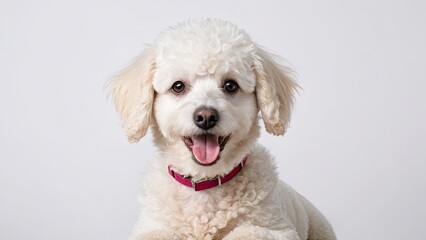 Portrait of White poodle dog on grey background