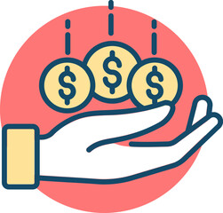 Dollar coin on hand icon in yellow and red color.