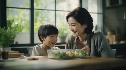 Naklejka premium A Mother and Son Enjoying a Healthy Meal Together. Fictional Character Created By Generated By Generated AI.