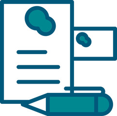 Paper And Pen Icon In Cyan And White Color.