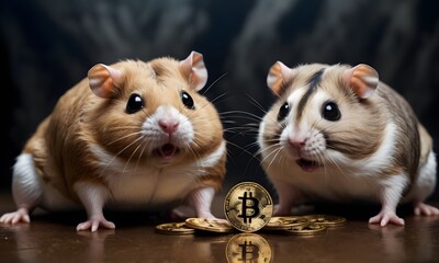 Two curious hamsters gaze at a shiny Bitcoin coin, their whiskers twitching in the soft light. The scene blends the charm of pet rodents with the intrigue of cryptocurrency. AI Generative
