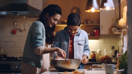 A Mother and Son Cooking Together in the Kitchen. Fictional Character Created By Generated By Generated AI.