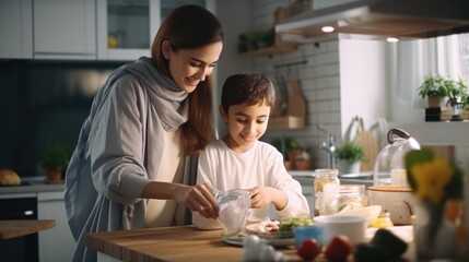 Fototapeta premium A mother and son cooking together in the kitchen. Fictional Character Created By Generated By Generated AI.
