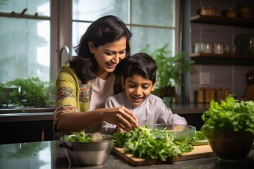 A mother and son cooking together in the kitchen. Fictional Character Created By Generated By Generated AI.