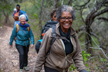 An exuberant senior African-American woman leads the way on a scenic forest trail with a group of hikers following