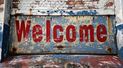 Fresco Welcome concept creative horizontal art poster. Photorealistic textured word Welcome on artistic background. Ai Generated Hospitality and Greetings Horizontal Illustration.