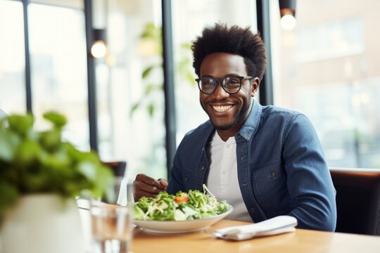 A Man Smiling and Preparing to Eat a Green Salad at a Restaurant, Fictional Character Created By Generated AI.