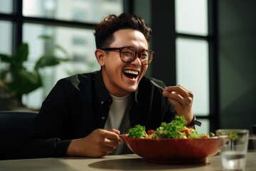 A Man is Enjoying his Lunch, Laughing While Eating a Salad. Fictional Character Created By Generated By Generated AI.