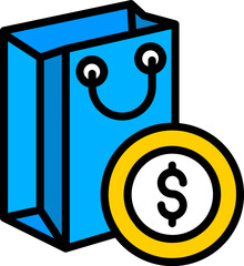 Shopping Bag with Money Icon in Yellow and Blue Color.