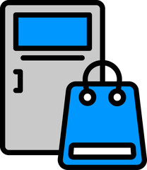 Illustration of Door with Hand Bag Icon in Blue and Gray Color.