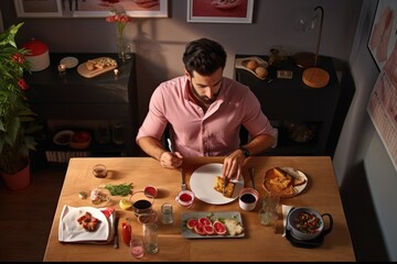 A man sitting at a wooden dining table, preparing a delicious meal with a variety of ingredients. Fictional Character Created By Generated By Generated AI. - obrazy, fototapety, plakaty