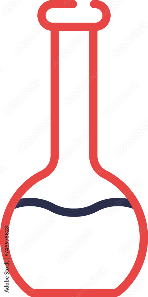 Sticker red and blue line art chemical flask icon in flat style.