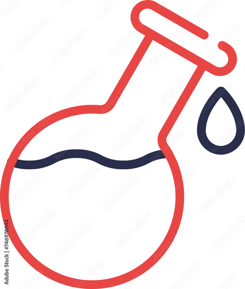 Poster round bottom flask icon in red and blue line art.
