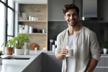 A happy young man enjoying a glass of milk in a modern kitchen setting, Fictional Character Created By Generated AI.