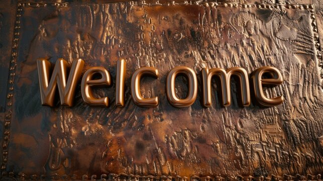 Glossy Leather Welcome concept creative horizontal art poster. Photorealistic textured word Welcome on artistic background. Ai Generated Hospitality and Greetings Horizontal Illustration.