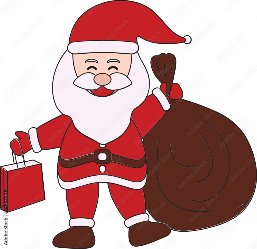 Wall mural Vector Illustration Of Santa Claus Holding Shopping Bag With Brown Heavy Bag.