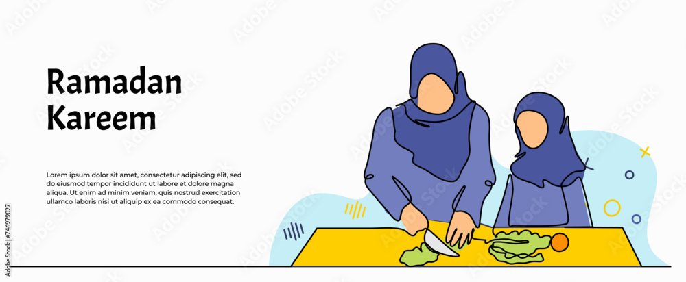 Poster Vector illustration of mother and child prepare the iftar menu. Modern flat in continuous line style.