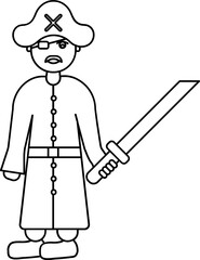 Pirate Man Holding Sword Icon in Thin Line Art.