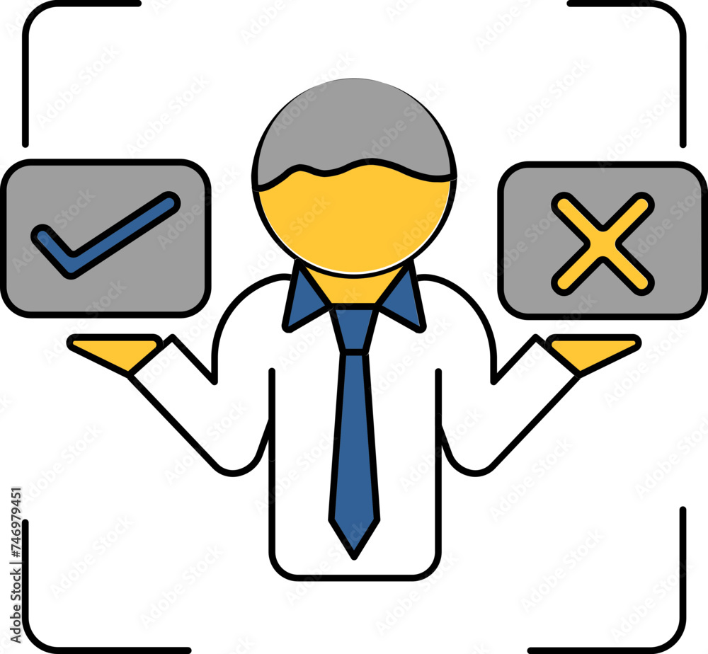 Poster decision of man with two options icon in flat style.