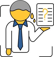 Nervous man holding question paper icon in flat style.