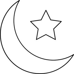 Crescent Moon with A Star Icon in Thin Line Art.