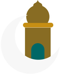 Mosque with crescent moon icon in flat style.