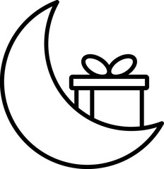 Line art illustration of crescent moon with gift box icon.