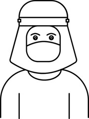 Human Wear Medical Cap and Face Shield Icon in Black Line Art.