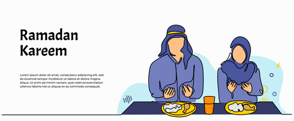 Vector illustration of muslims praying before eating. Modern flat in continuous line style.