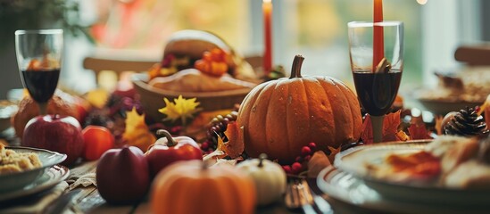 An elegant table set for Thanksgiving featuring pumpkins, apples, candles, and wine glasses. A...