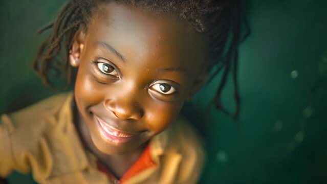 A black Liberian girl wearing a red khaki school uniform, smiling, charming eyes.