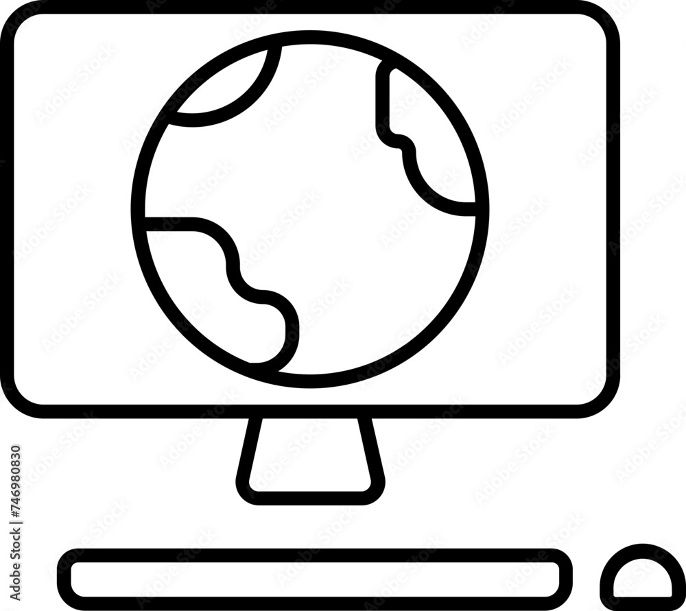 Poster black outline earth globe in monitor screen with keyboard and mouse icon.