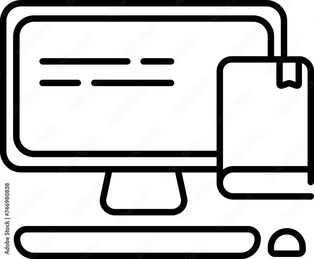 Poster online reading with computer and book icon in black line art.