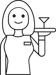 Woman Waiter Serving Wine Glass Icon in Black Outline.
