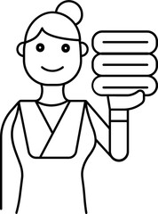 Maid Holding Stack Clothes Icon in Thin Line Art.