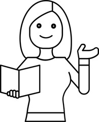 Woman Teacher Holding Open Book Icon in Thin Line Art.