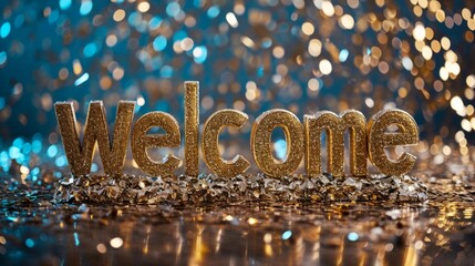 Golden Welcome concept creative horizontal art poster. Photorealistic textured word Welcome on artistic background. Ai Generated Hospitality and Greetings Horizontal Illustration.