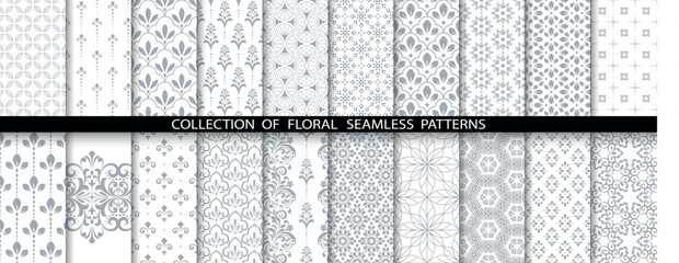 Geometric floral set of seamless patterns. White and gray vector backgrounds. Damask graphic ornaments