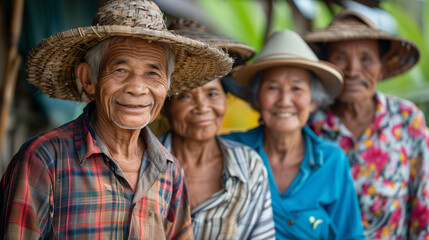 Small group of Thai villagers in traditional clothing. Happy and smiling for the camera.