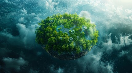 a green land around a beautiful green planet with different icons forming, in the style of human-canvas integration, kodak colorplus, internet academia, poster, landscape-focused, transportcore, softb - obrazy, fototapety, plakaty
